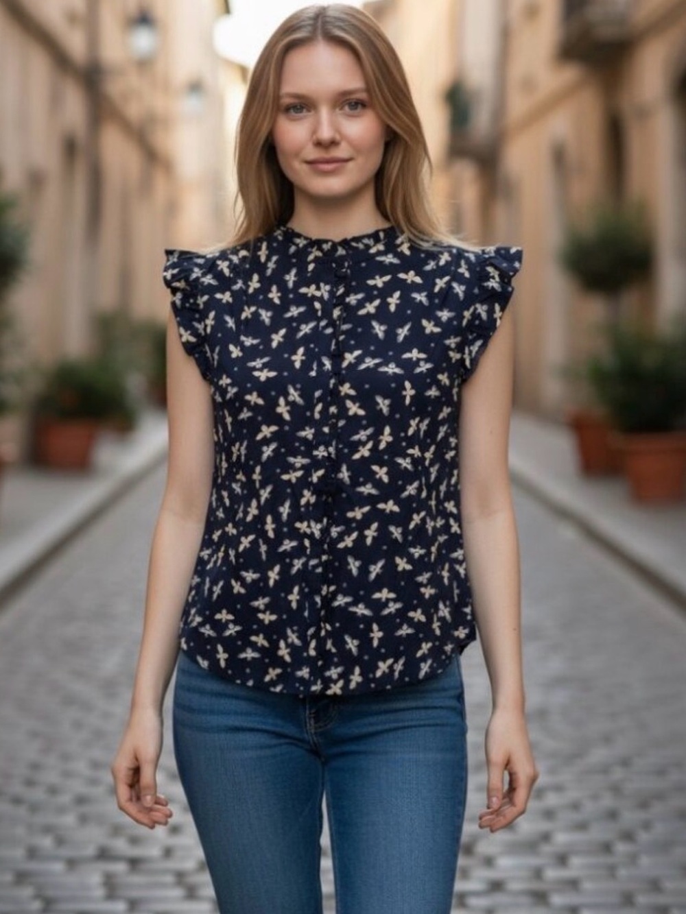 LOFT Navy Floral Ruffle-Sleeve Button Front Blouse